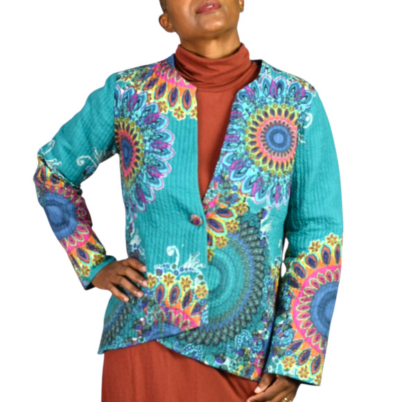 Soft Surroundings Quilted Jacket Green Paisley Cotton Mandala Print Artistic XS - Picture 10 of 16